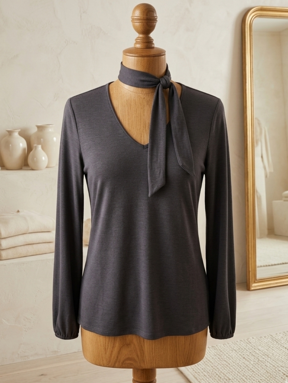 Luminous Gray V-Neck Top with Choker Bow Tie Detail